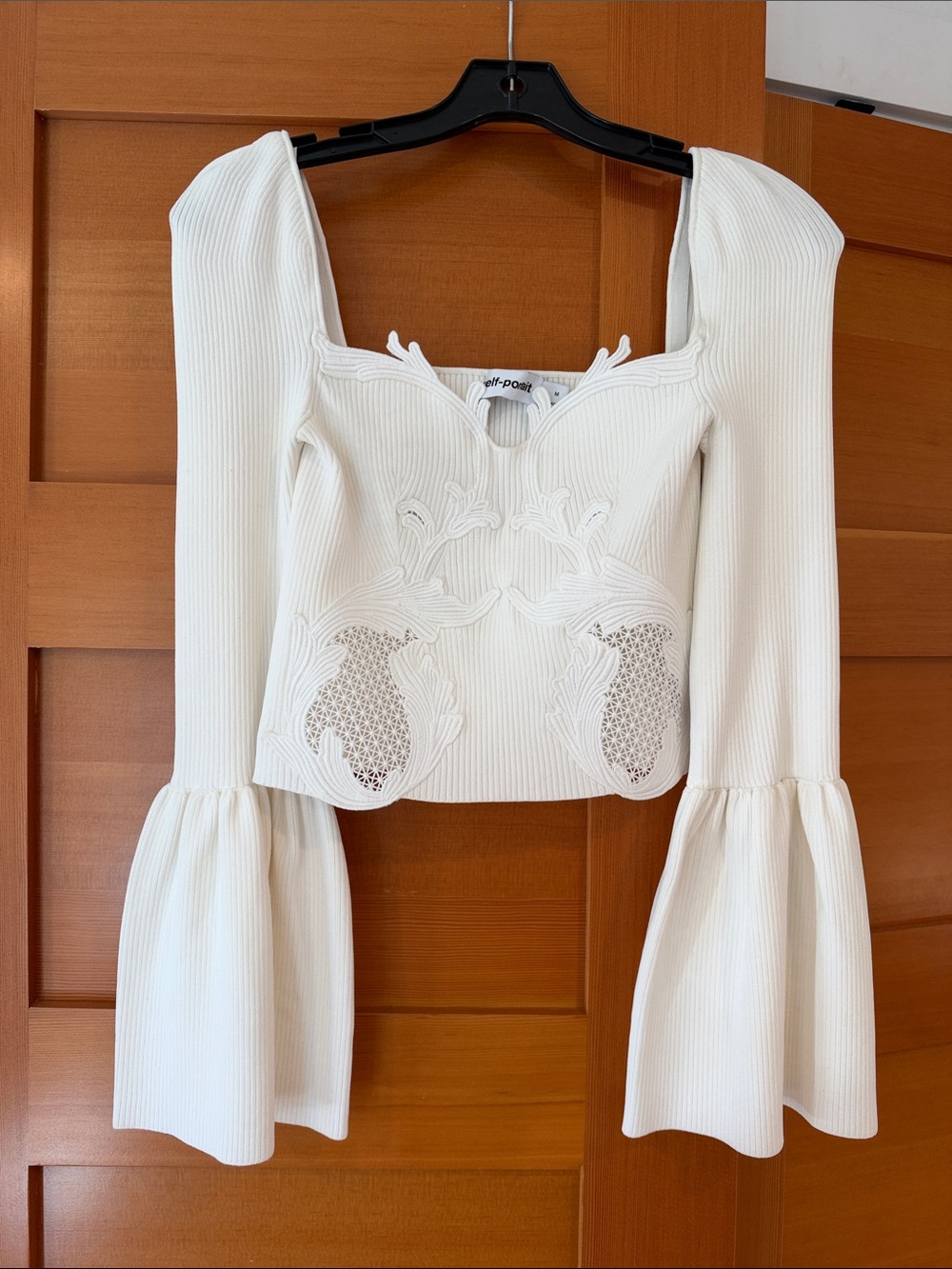 Self-Portrait Off-Shoulder White Ribbed Bell-Sleeve Top by Self-Portrait